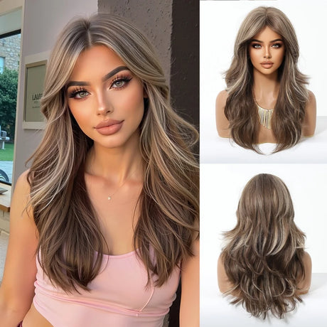 Natural Dark Brown Medium Length Wavy Synthetic Wigs