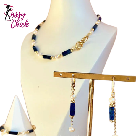 Natural Freshwater Pearl Lapis Lazuli Jewelry Set Sassy Chick Logo