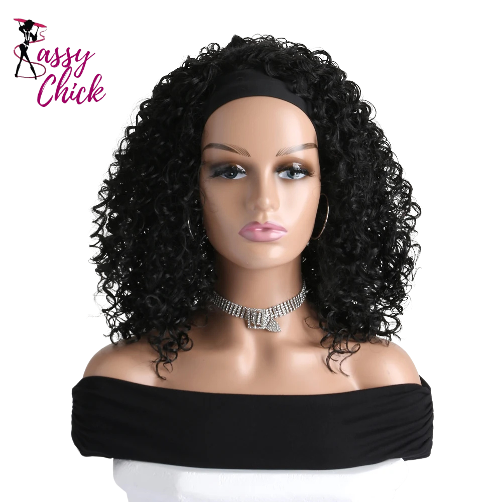 Natural Kinky Curly Black Brown 16 Inch Headband Synthetic Wigs Sassy Chick Logo