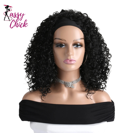Natural Kinky Curly Black Brown 16 Inch Headband Synthetic Wigs Sassy Chick Logo