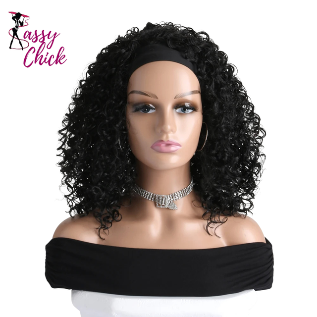 Natural Kinky Curly Black Brown 16 Inch Headband Synthetic Wigs Sassy Chick Logo