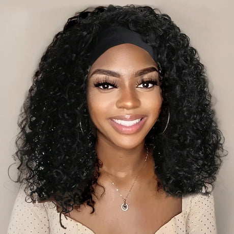 Model Using Natural Kinky Curly Black Brown 16 Inch Headband Synthetic Wigs