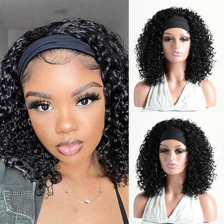 Natural Kinky Curly Black Brown 16 Inch Headband Synthetic Wigs