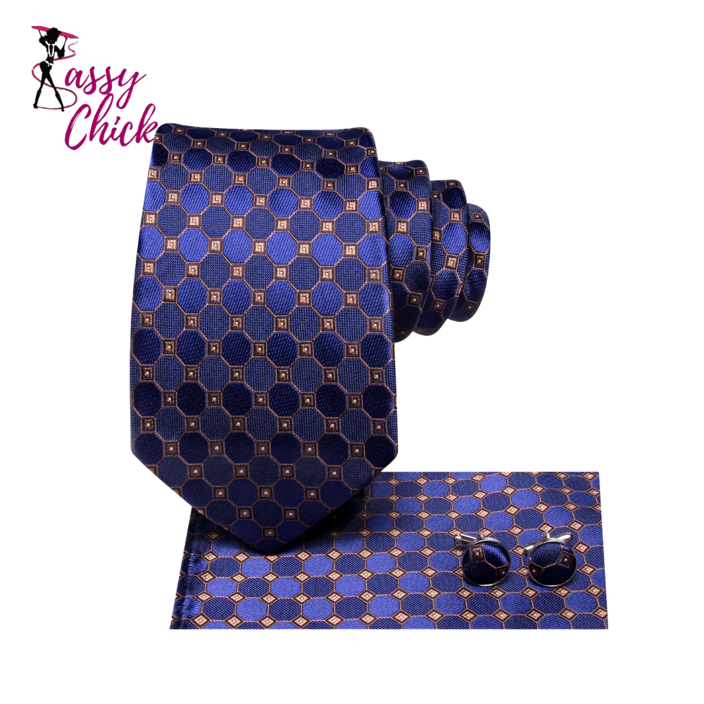 Navy Blue Gold Plaid Necktie Set Sassy Chick Logo