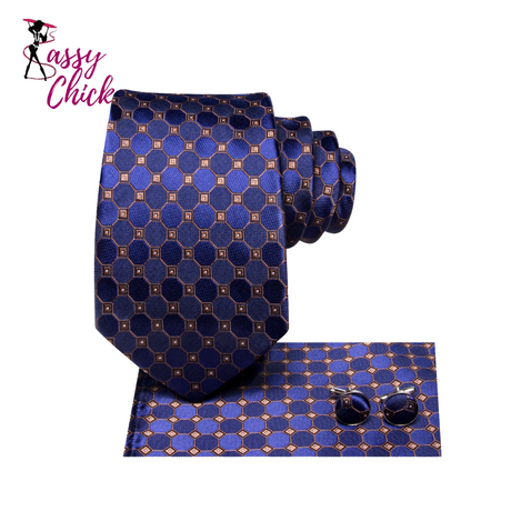 Navy Blue Gold Plaid Necktie Set Sassy Chick Logo