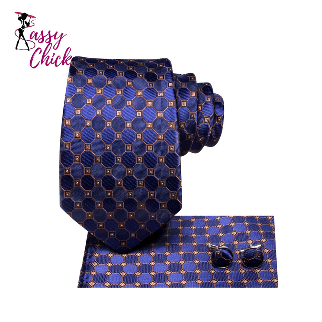 Navy Blue Gold Plaid Necktie Set Sassy Chick Logo