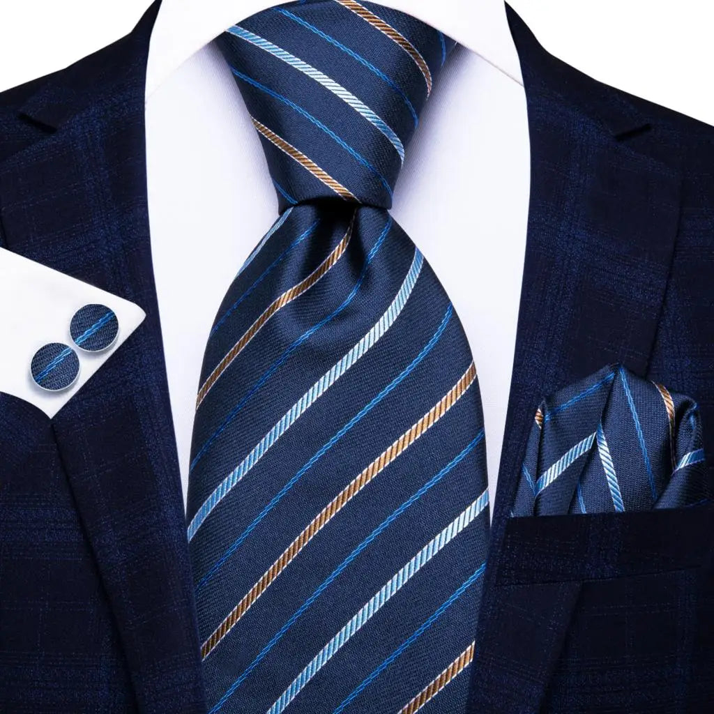 blue gold line pattern necktie set