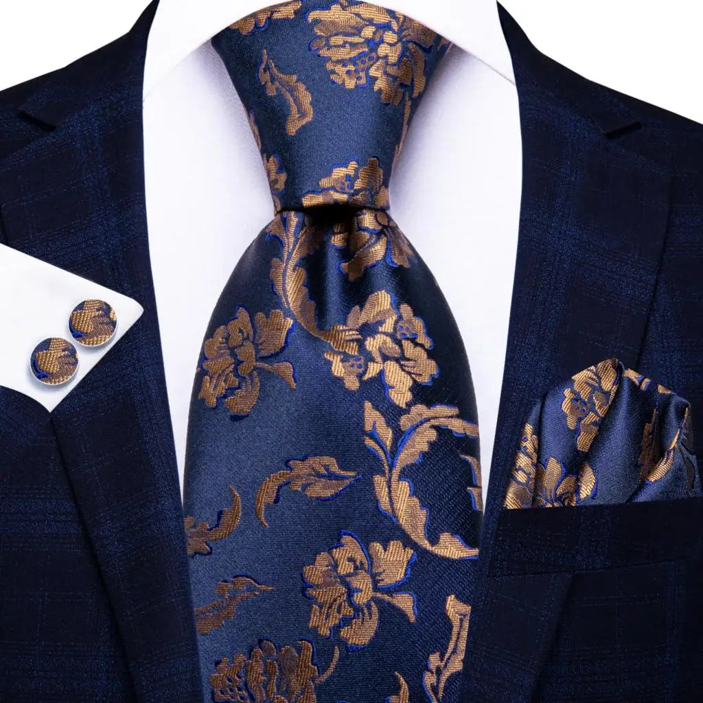 blue gold floral pattern necktie set
