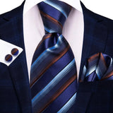 blue brown line pattern necktie set