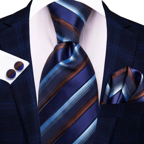 blue brown line pattern necktie set