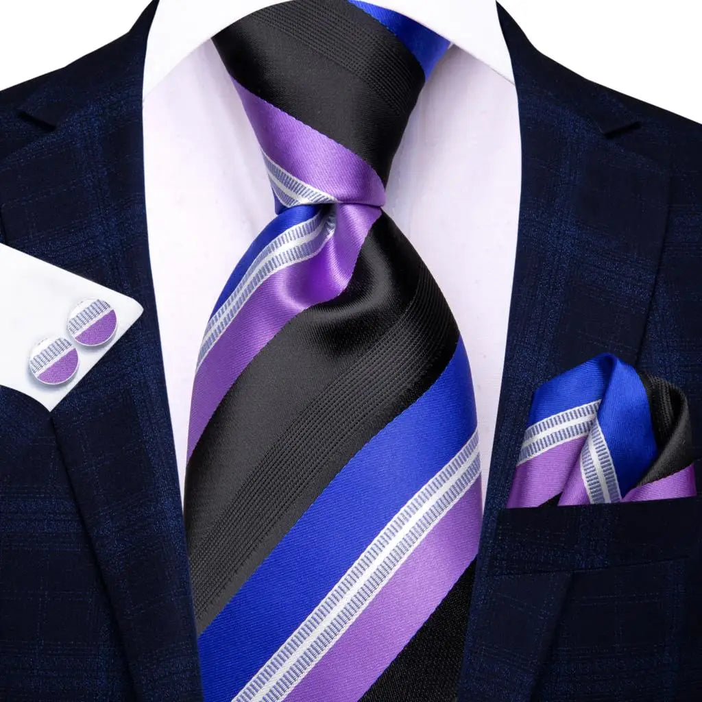 black blue purple line pattern necktie set