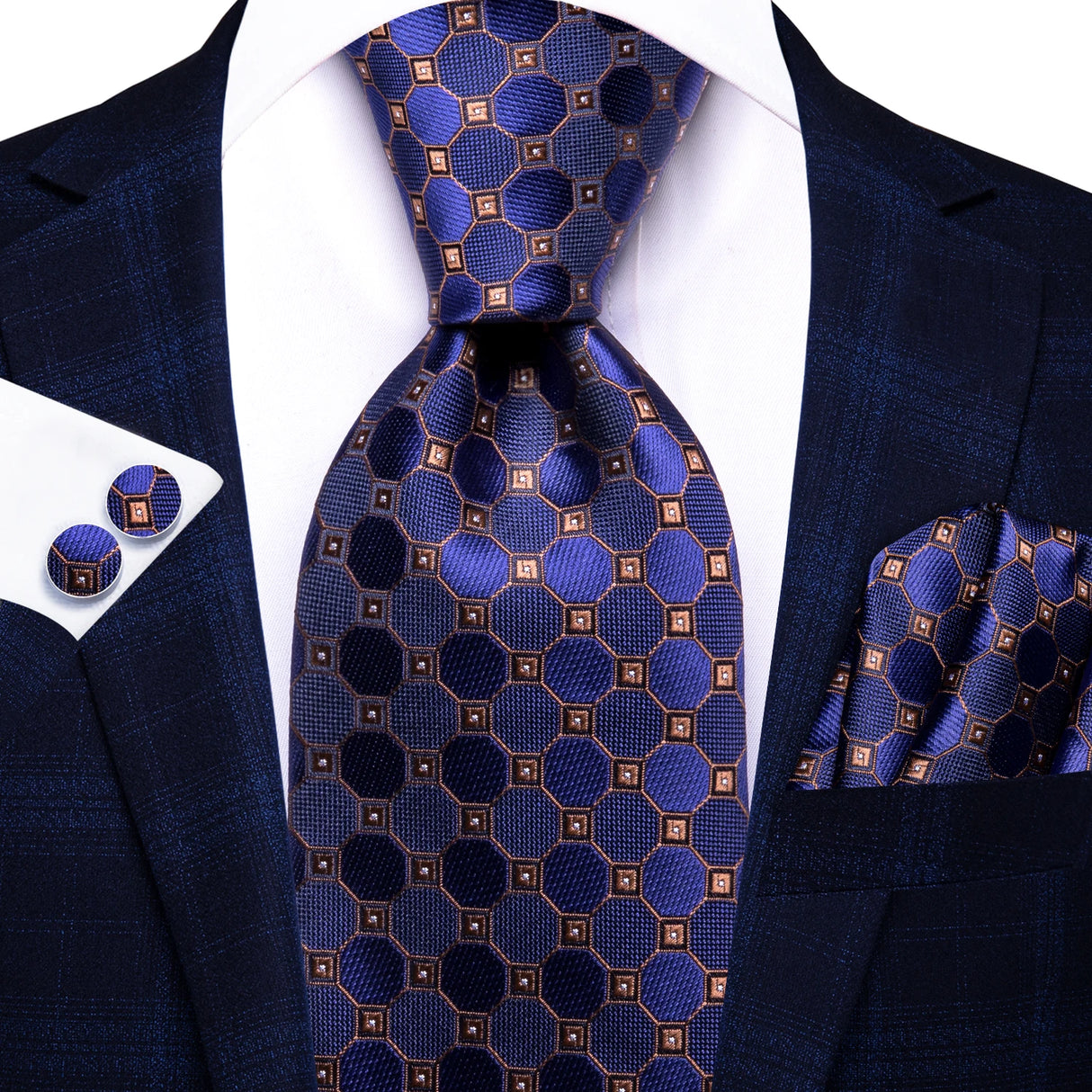blue gold diamond pattern necktie set