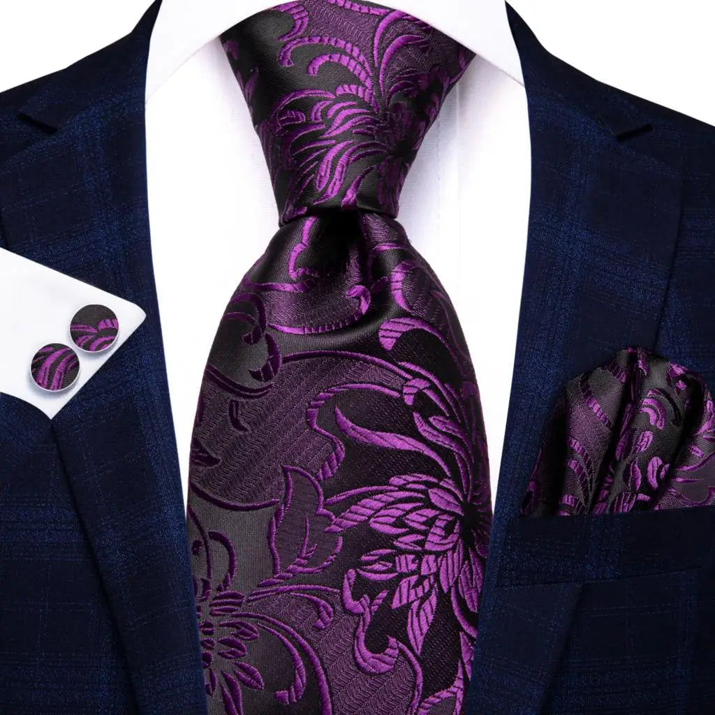 black purple floral pattern necktie set