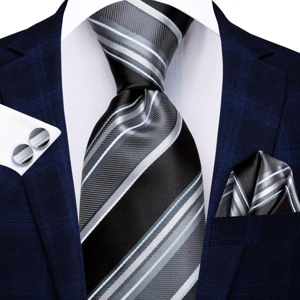 black silver line pattern necktie set