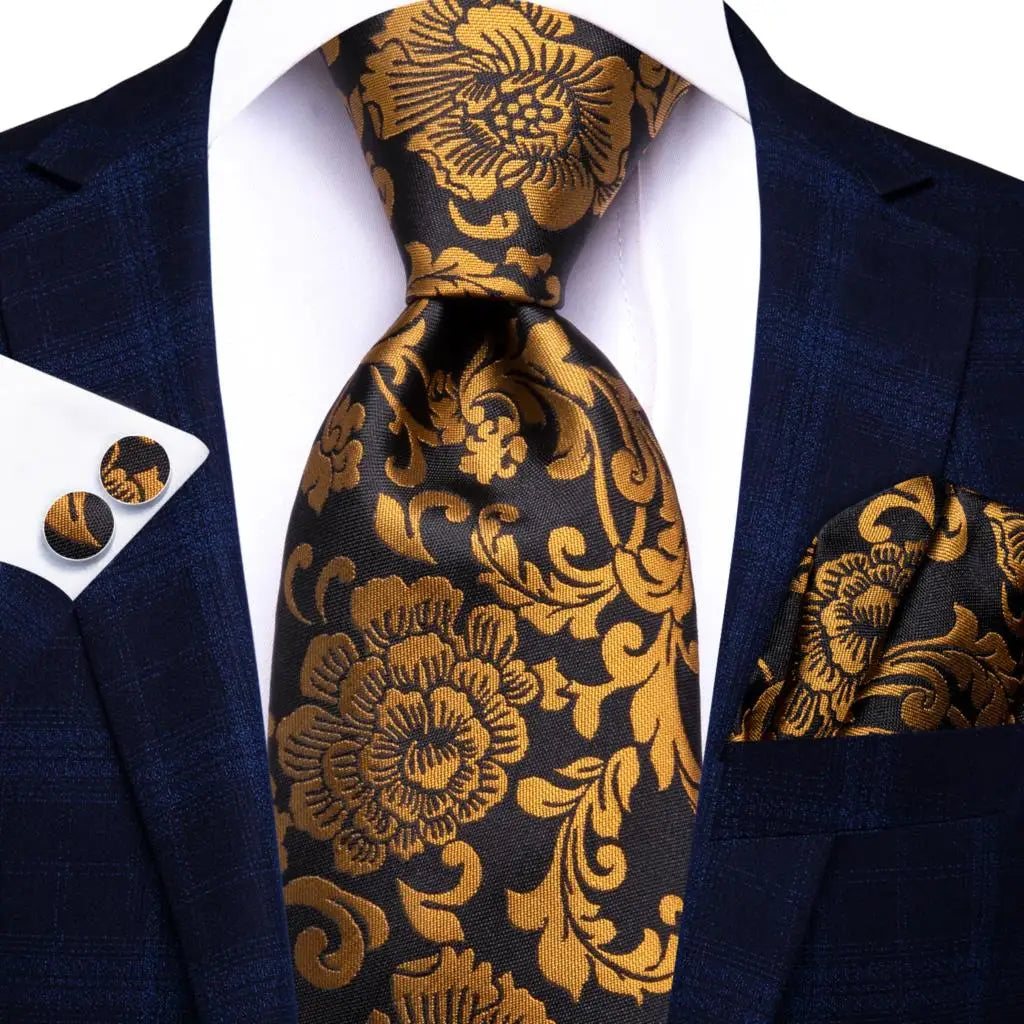 black gold floral pattern necktie set
