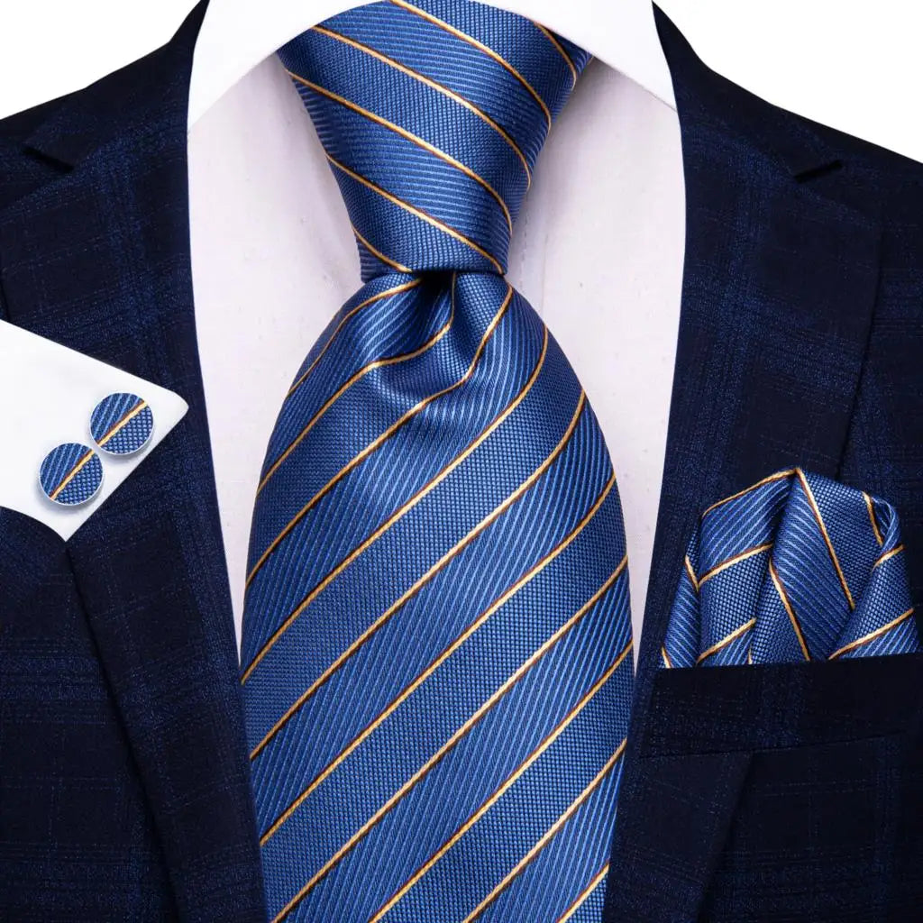 blue gold line pattern necktie set