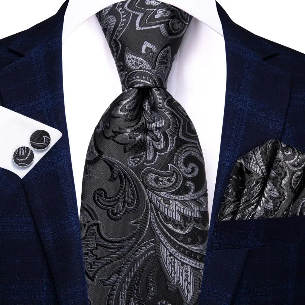 black silver floral pattern necktie set
