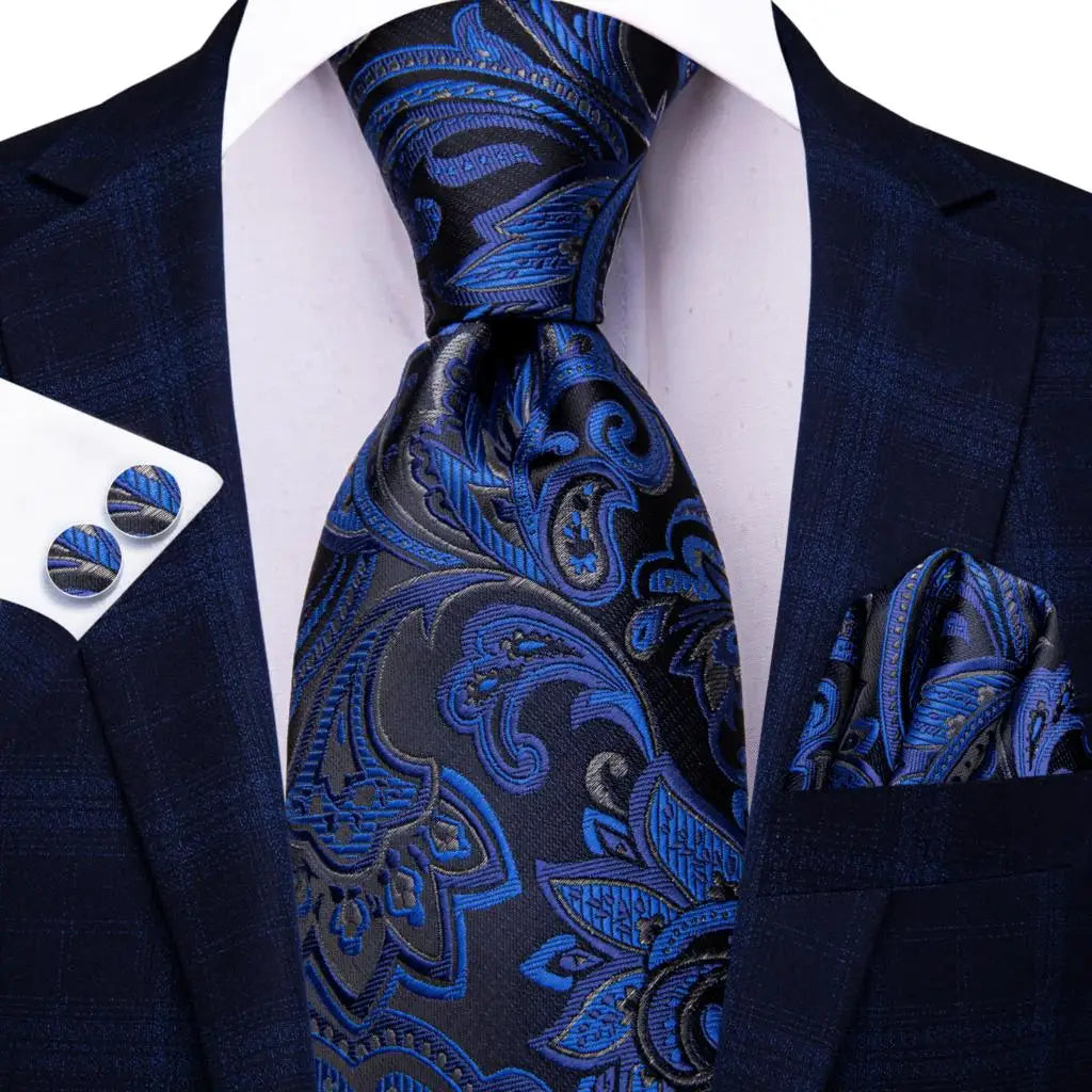 black blue floral pattern necktie set