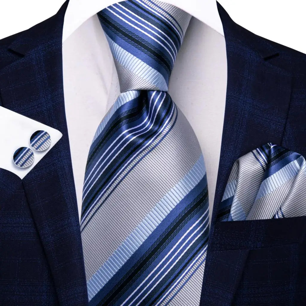 blue white line pattern necktie set