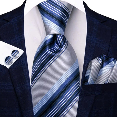 blue white line pattern necktie set