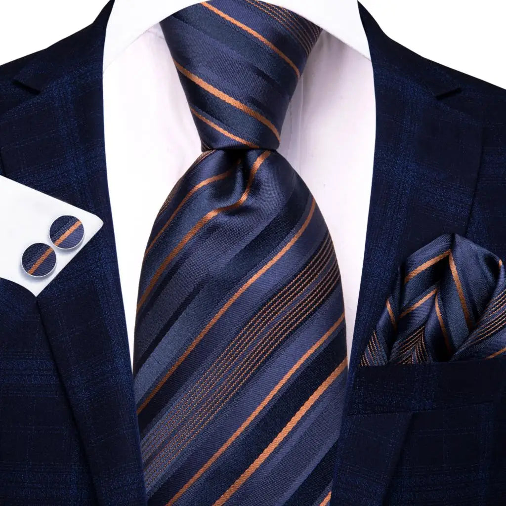 gold blue line pattern necktie set