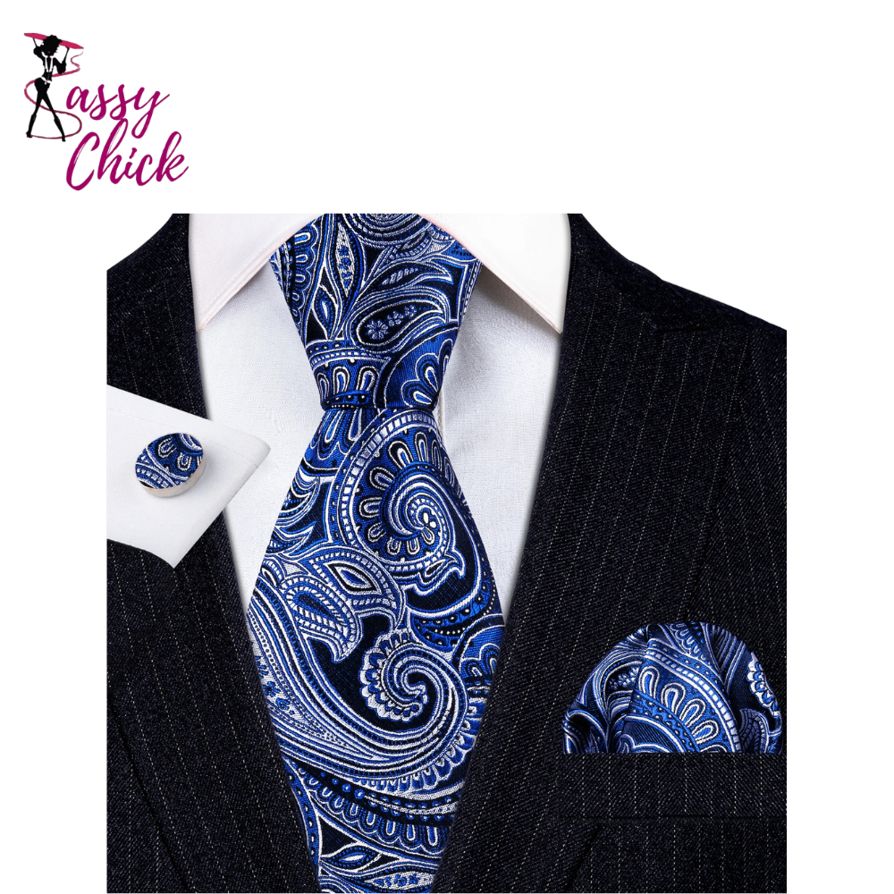 Navy Blue Hanky Cufflinks Silk Tie Set Sassy Chick Logo