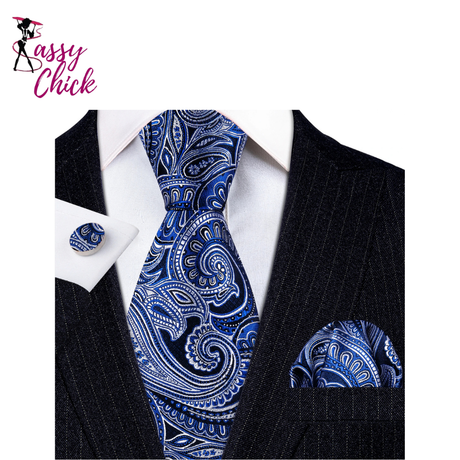 Navy Blue Hanky Cufflinks Silk Tie Set Sassy Chick Logo