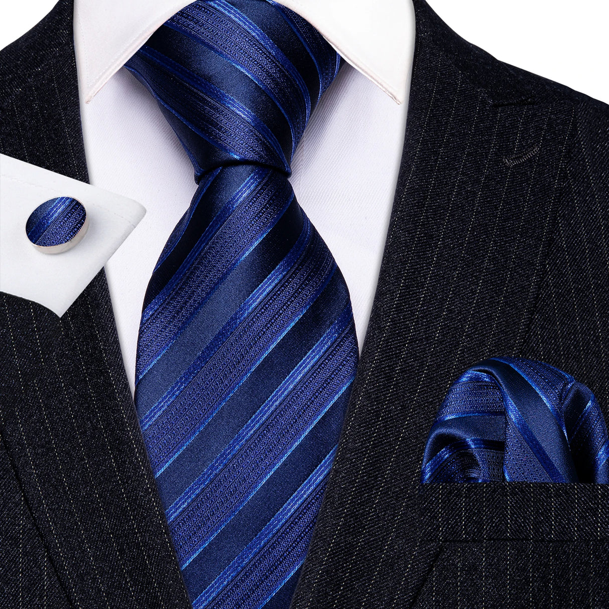 Navy Blue Hanky Cufflinks Silk Tie Set