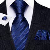 Navy Blue Hanky Cufflinks Silk Tie Set
