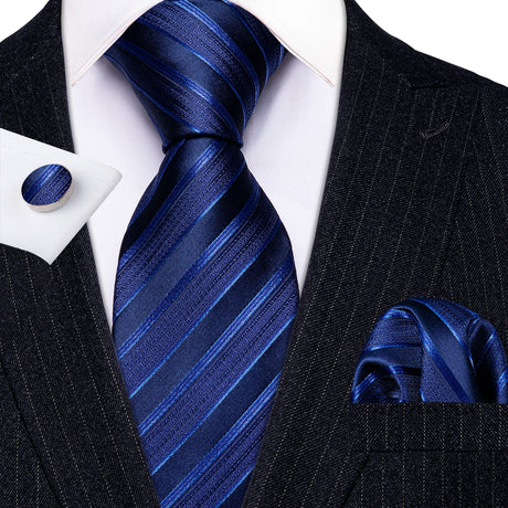 Navy Blue Hanky Cufflinks Silk Tie Set