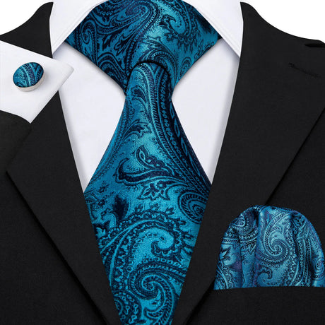 Navy Blue Hanky Cufflinks Silk Tie Set