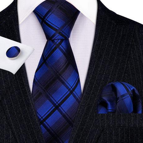 Navy Blue Hanky Cufflinks Silk Tie Set