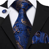 Navy Blue Hanky Cufflinks Silk Tie Set