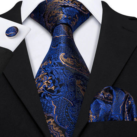 Navy Blue Hanky Cufflinks Silk Tie Set