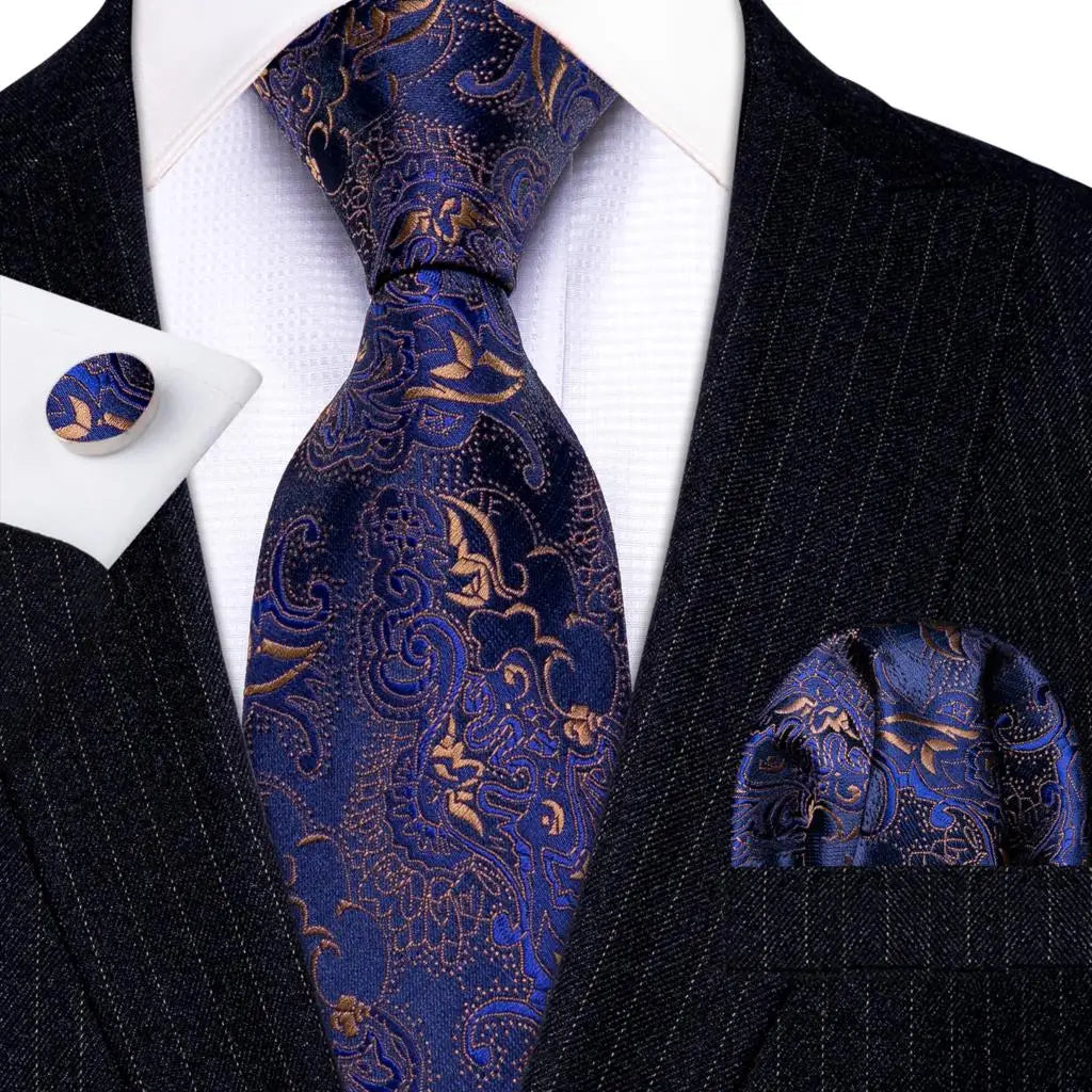 Navy Blue Hanky Cufflinks Silk Tie Set