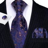 Navy Blue Hanky Cufflinks Silk Tie Set