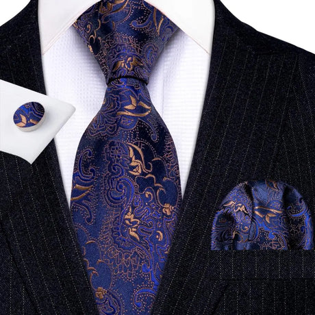 Navy Blue Hanky Cufflinks Silk Tie Set