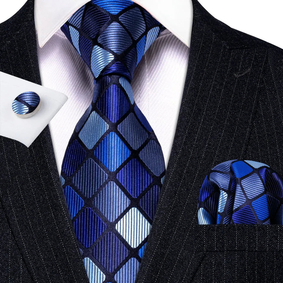 Navy Blue Hanky Cufflinks Silk Tie Set