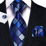Navy Blue Hanky Cufflinks Silk Tie Set
