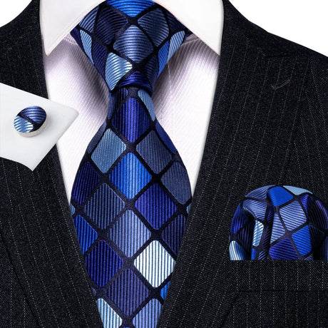 Navy Blue Hanky Cufflinks Silk Tie Set
