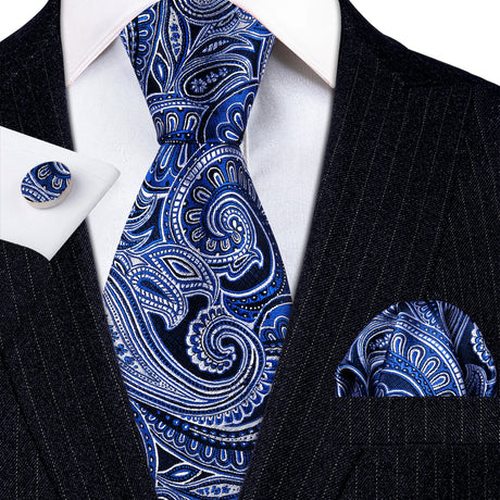Navy Blue Hanky Cufflinks Silk Tie Set