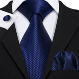 Navy Blue Hanky Cufflinks Silk Tie Set