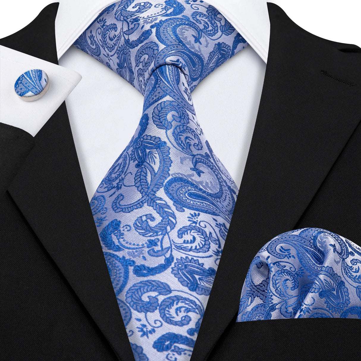 Navy Blue Hanky Cufflinks Silk Tie Set