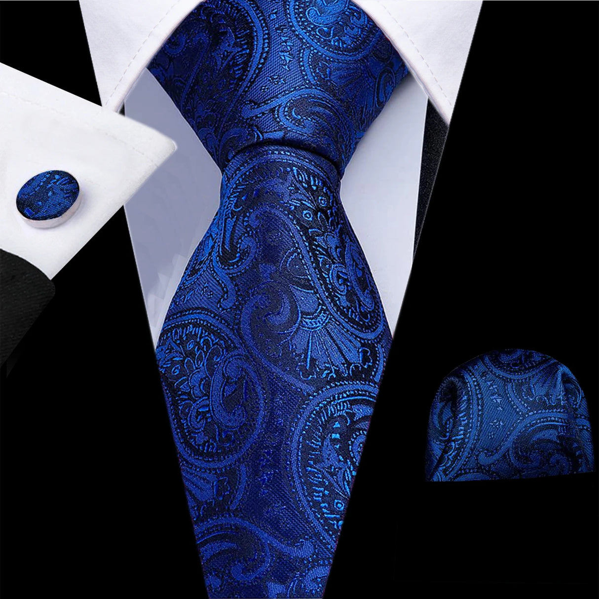 Navy Blue Hanky Cufflinks Silk Tie Set