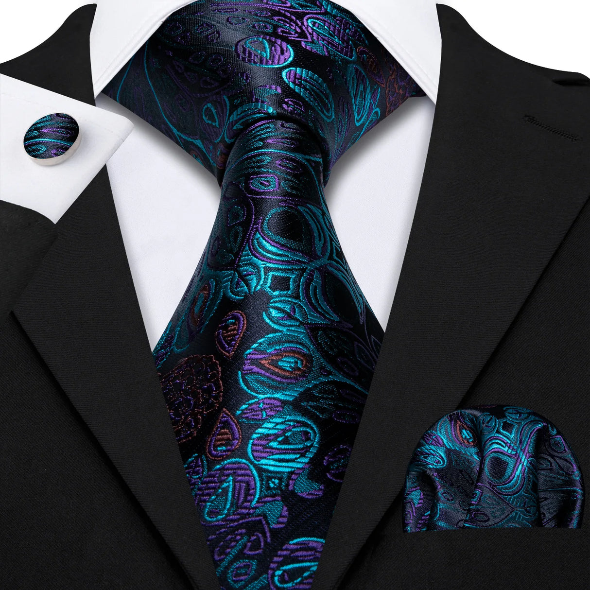 Navy Blue Hanky Cufflinks Silk Tie Set