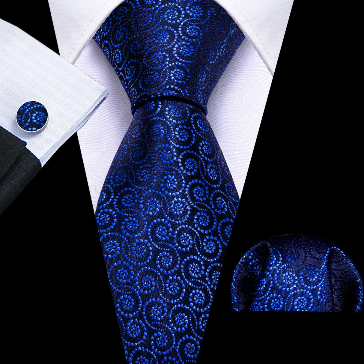 Navy Blue Hanky Cufflinks Silk Tie Set