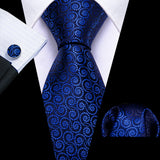 Navy Blue Hanky Cufflinks Silk Tie Set