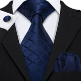 Navy Blue Hanky Cufflinks Silk Tie Set
