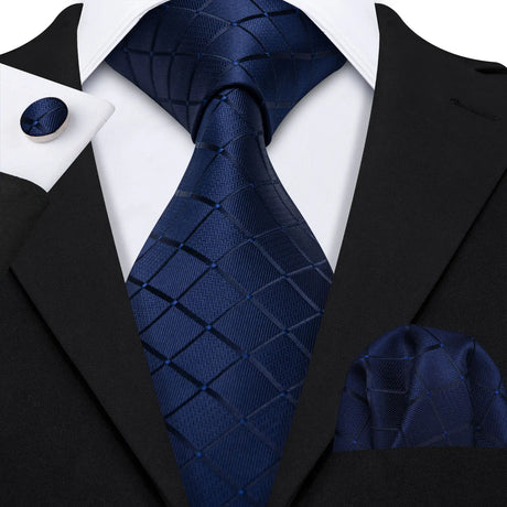 Navy Blue Hanky Cufflinks Silk Tie Set