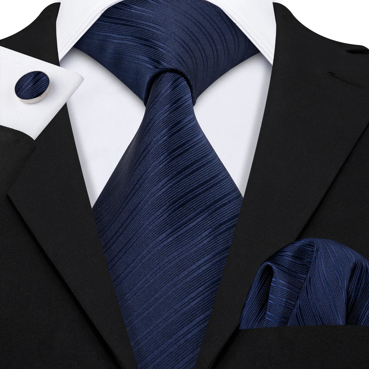 Navy Blue Hanky Cufflinks Silk Tie Set